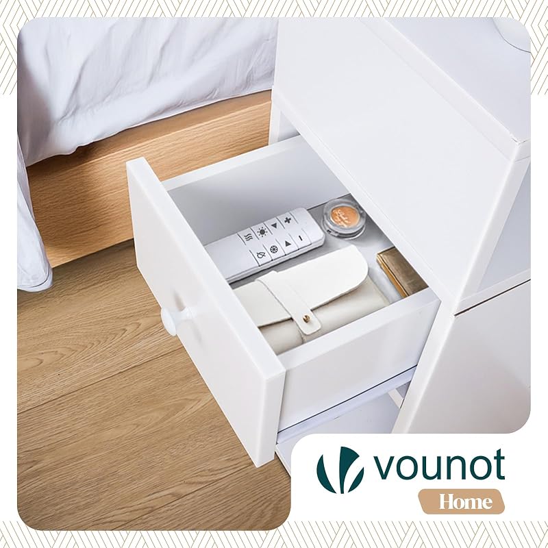 ® Juego de 2 Mesita de Noche Estrecha con 2 Compartimentos Abiertos y 1 Cajón 25x30x66cm, Mesilla de Noche Pequeña Estilo Moderno, Mesa Auxiliar Alta para Dormitorio Salón Sala de Estar, Blanco