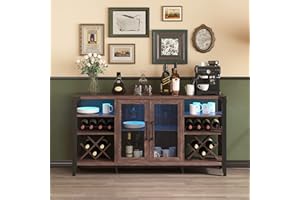 Vabches 58" Wine Bar Cabinet with Wine Rack Storage,Alcohol Cabinet with LED Strip, Farmhouse Coffee Bar Cabinet,Liquor Cabinet Bar for Home Dining Room, Sideboard Buffet Cabinet with Storage