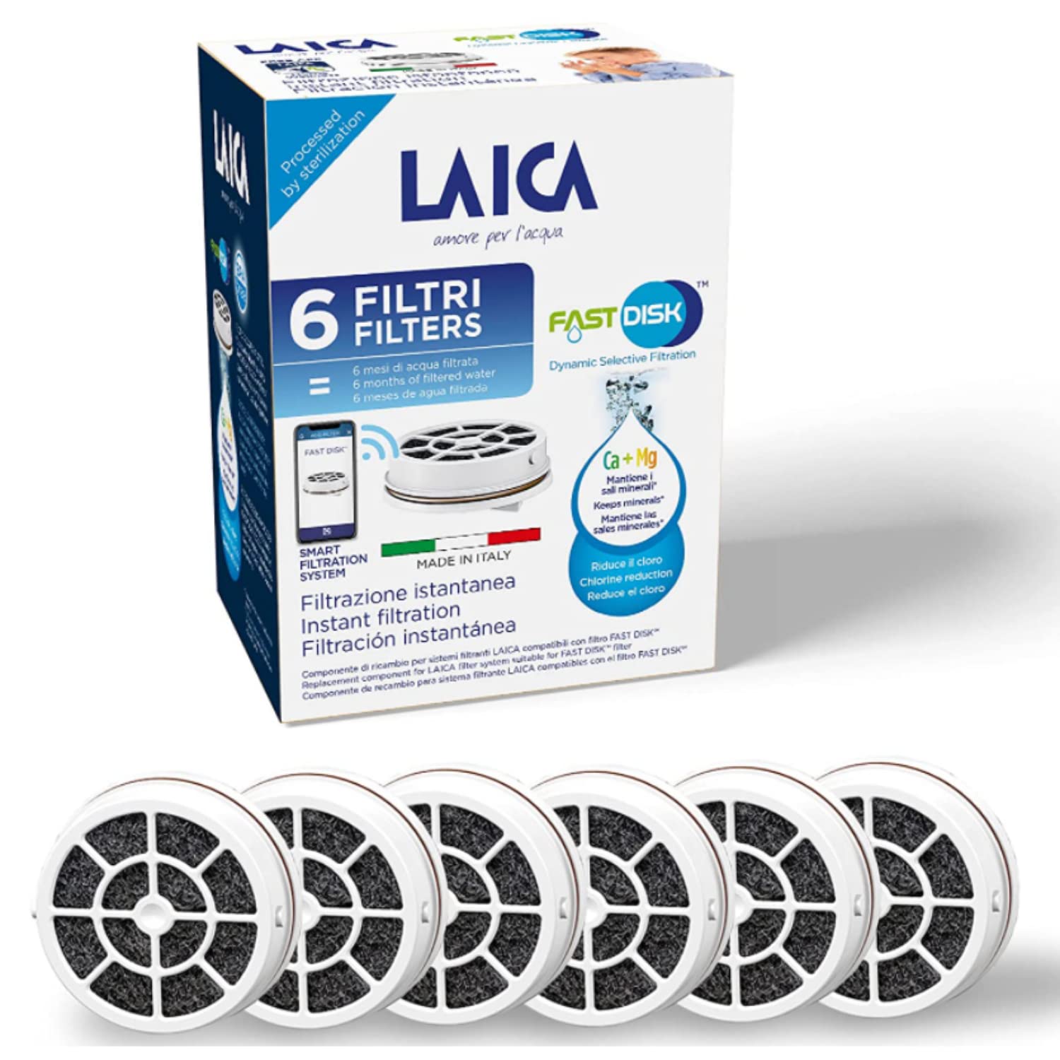 LAICA Fast Disk Water Filter Cartridges, 6 Month Pack (6 x 30 Day Filters)- Instant Active Carbon Filter, Reduces Chlorine​, Pesticides​, Microplastics​, Chlorinated Organic Solvents.