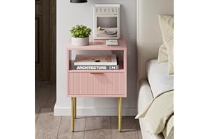 Masupu Night Stand,Mid-Century Modern Bedside Table with Storage Drawer and Open Wood Shelf,Small Gold Frame Side Table for Bedroom,Living Room, Pink