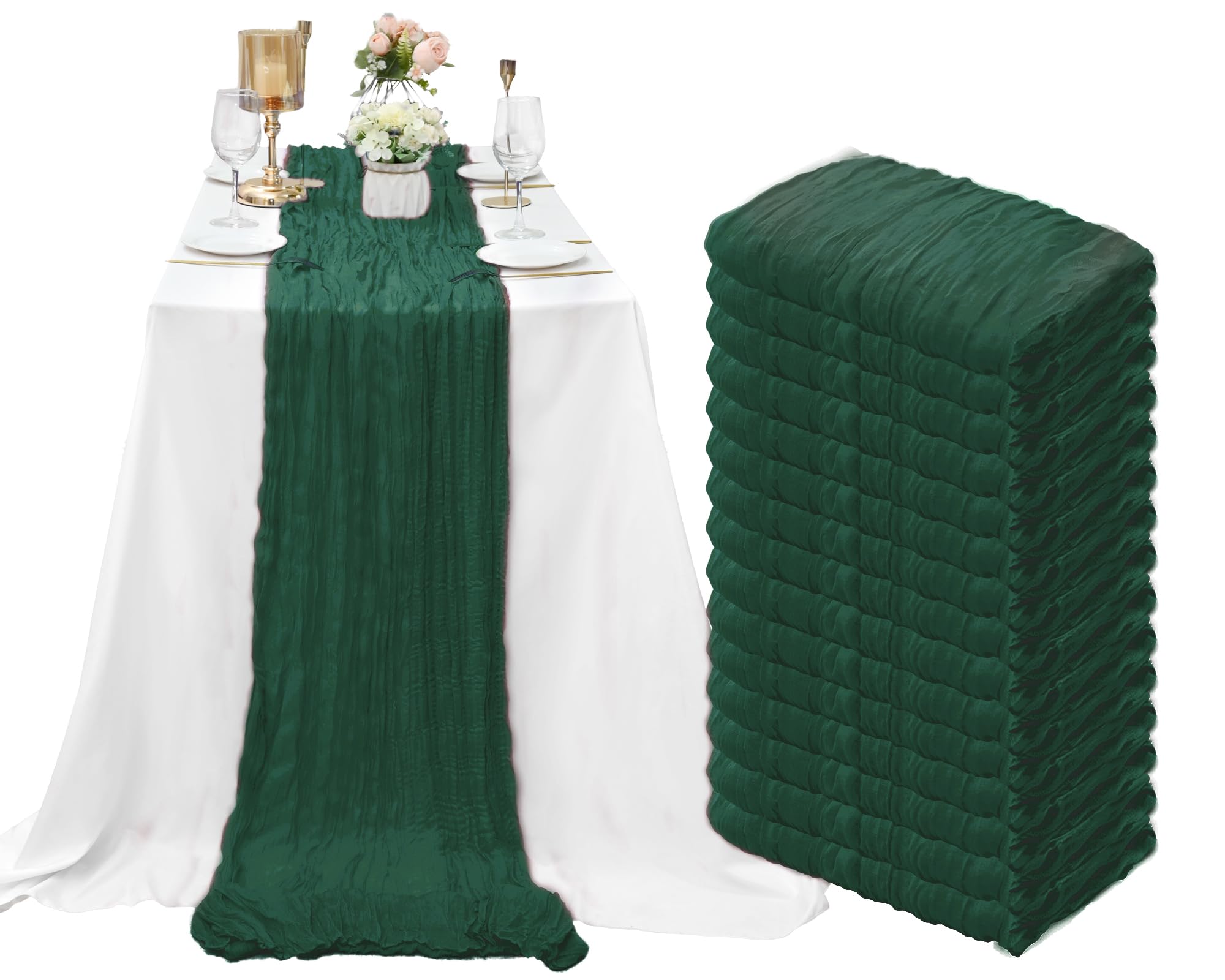 Photo 1 of 15 Pack Cheesecloth Table Runner Emerald Green 10Ft Gauze Cheese Cloth Table Runner 35 x120Inch Boho Table Runners for Wedding Birthday Party Reception Bridal Baby Shower Engagement Anniversary Decor