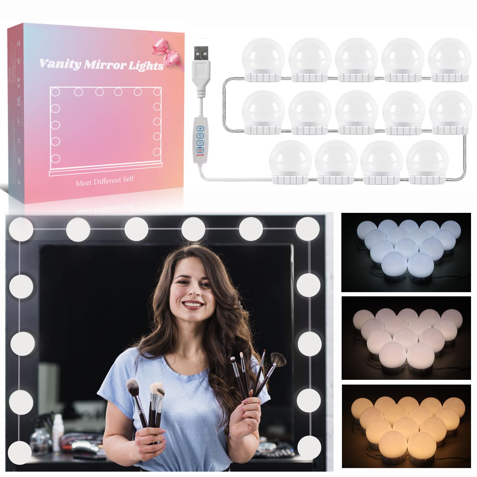 Akynite Mirror Lights 14 Bulbs Hollywood Style with USB Cable, 3 Colour Changing & 10 Brightness, Dressing Table Lights Stick On for Makeup, Vanity Light for Dressing Table (No Mirror & Adapter)