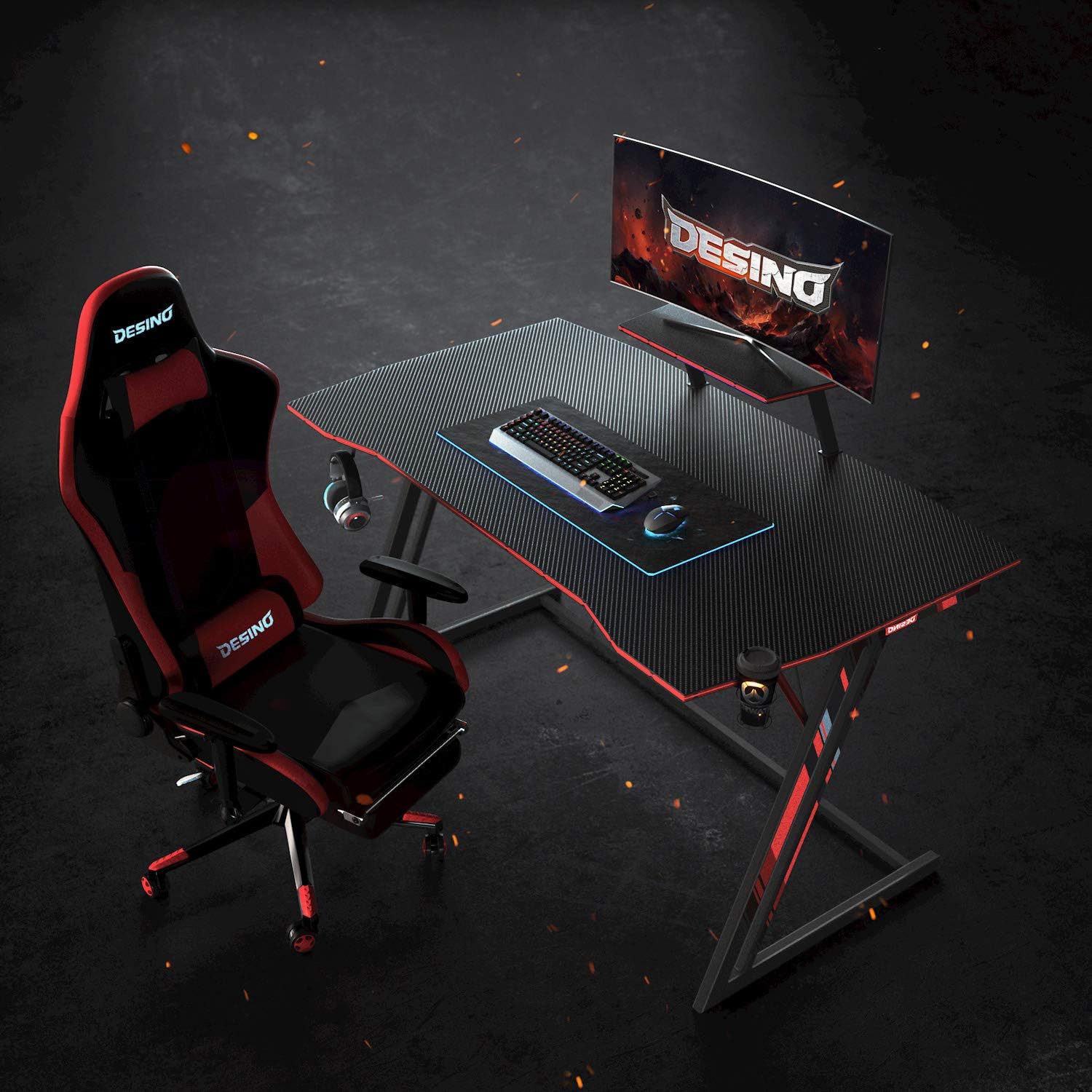 DESINO Gaming Desk 55 inch PC Computer Desk, Home Office Desk Gaming Table Z Shaped Gamer Workstation with Cup Holder and Headphone Hook, Black: Kitchen & Dining