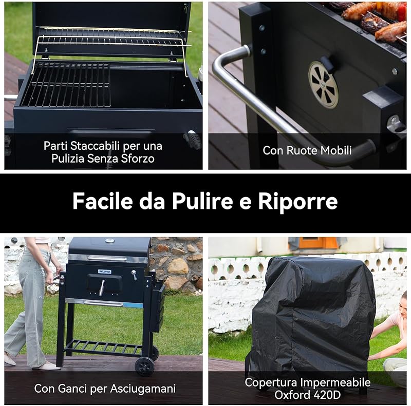 Barbecue a Carbonella, Barbecue con Coperchio, Superficie Cottura: 56×42,5 cm, Vassoio Carbone Regolabile in Altezza, Tavolino Laterale Pieghevole, Con Copertura Barbecue da Esterno
