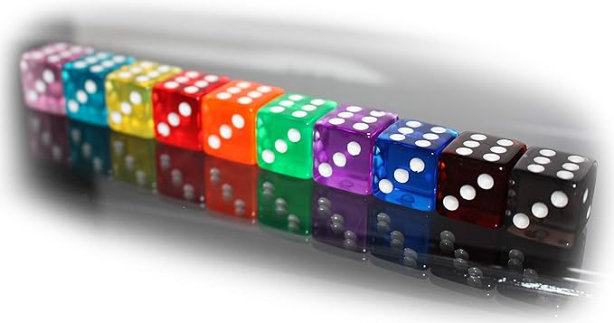 DixBox Würfel-Set Rainbow 10 x Casino Würfel-W6-Augen-tranparent-Regenbogen-Lernspiel