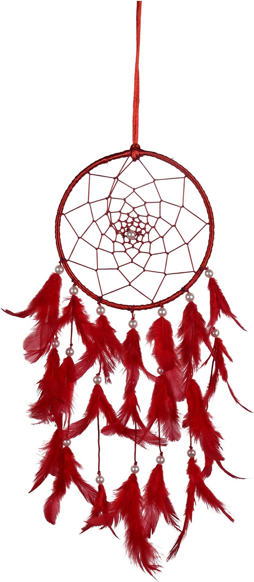 ILU Dreamcatcher Show Piece Wall Hanging Feng Shui Handmade Beaded Size 16 cm Diameter Red