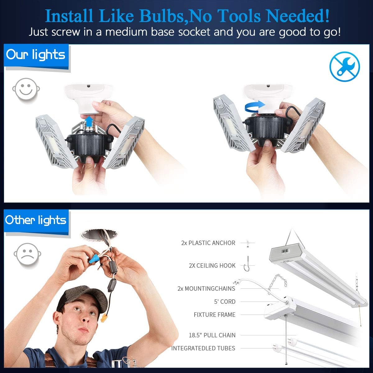 Garage Lights Led Deformable Garage Light Ceiling LED 60W 6000Lumen Flexled Garage Light Tribrite Led Adjustable Light with 3 Panel Led Shop Lights for Garage Ceiling Basement Workshop - - 