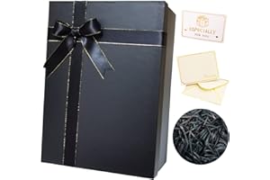 MYGOGOART Large Black Gift Box 11.2x8.2x4.2 Inches with Lid, Ribbon Bow, Shredded Raffia Paper Fill, Greeting Card and Envelope for Wedding Birthday Valentines Bridal Gifts (1 pack, Black)