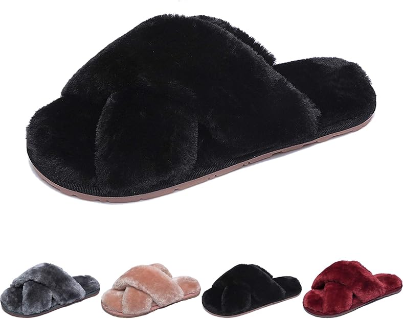 Eriwes Fuzzy Slippers for Women Cross Band Open Toe Fluffy House