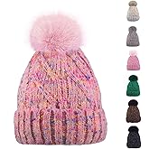 Fulcyla Winter Knit Beanie Hat for Girls Women Parent-Child with Faux Pom Warm Fleece Lined