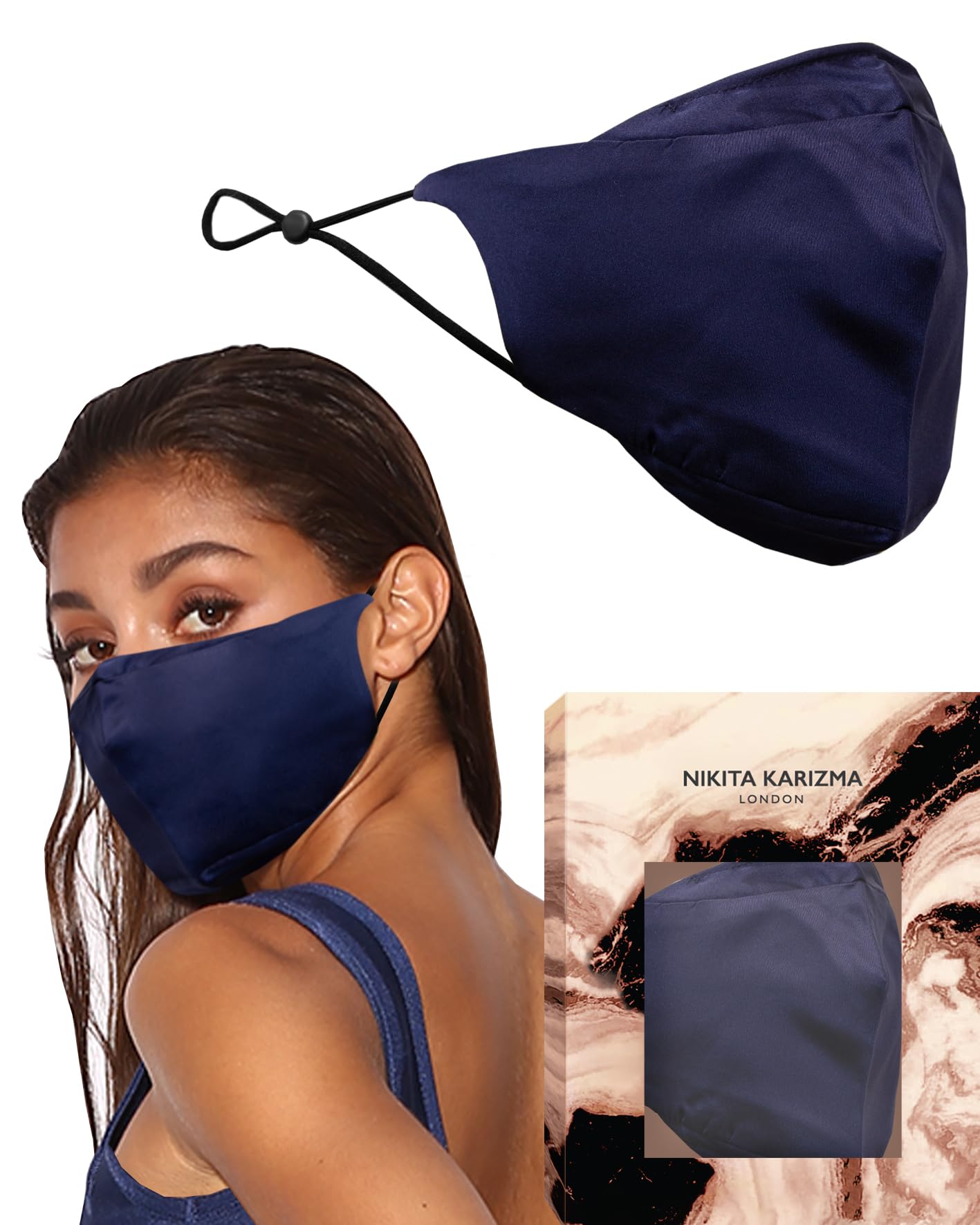90210 Silk Mask in Navy Blue by KARIZMA 19 Momme 100% Mulberry Silk 6A Grade Fabric Face Mask with 2 Filters — image 1