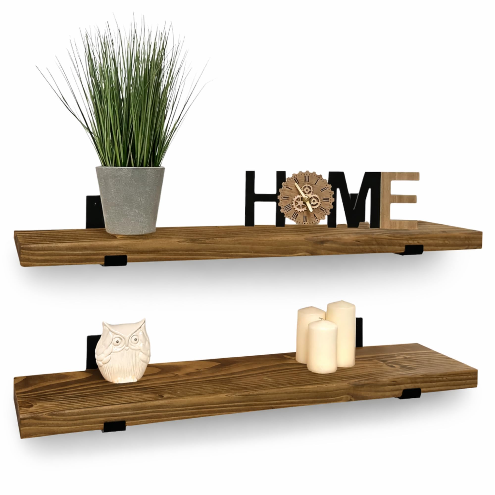 MKGT Handcrafted Rustic Wooden Floating Shelves, Tudor Oak – Wall Mounted with Black L Brackets, Solid Wood, Made in UK – Kitchen & Living Room (Set of 2, 40cm)