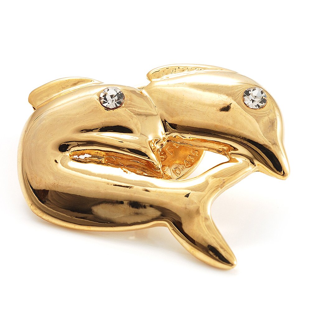Tiny Gold Tone Crystal Dolphin Pin Brooch