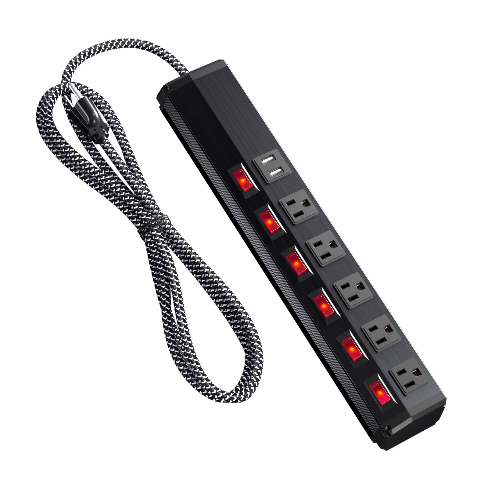 Individual Switchs Surge Protector Power Strip with 2 USB 6ft (2.4A/1875W), Extension Cord Surge Protection 5 Outlet 6 feet Long Cord, Wall Mountable Black for Home Office