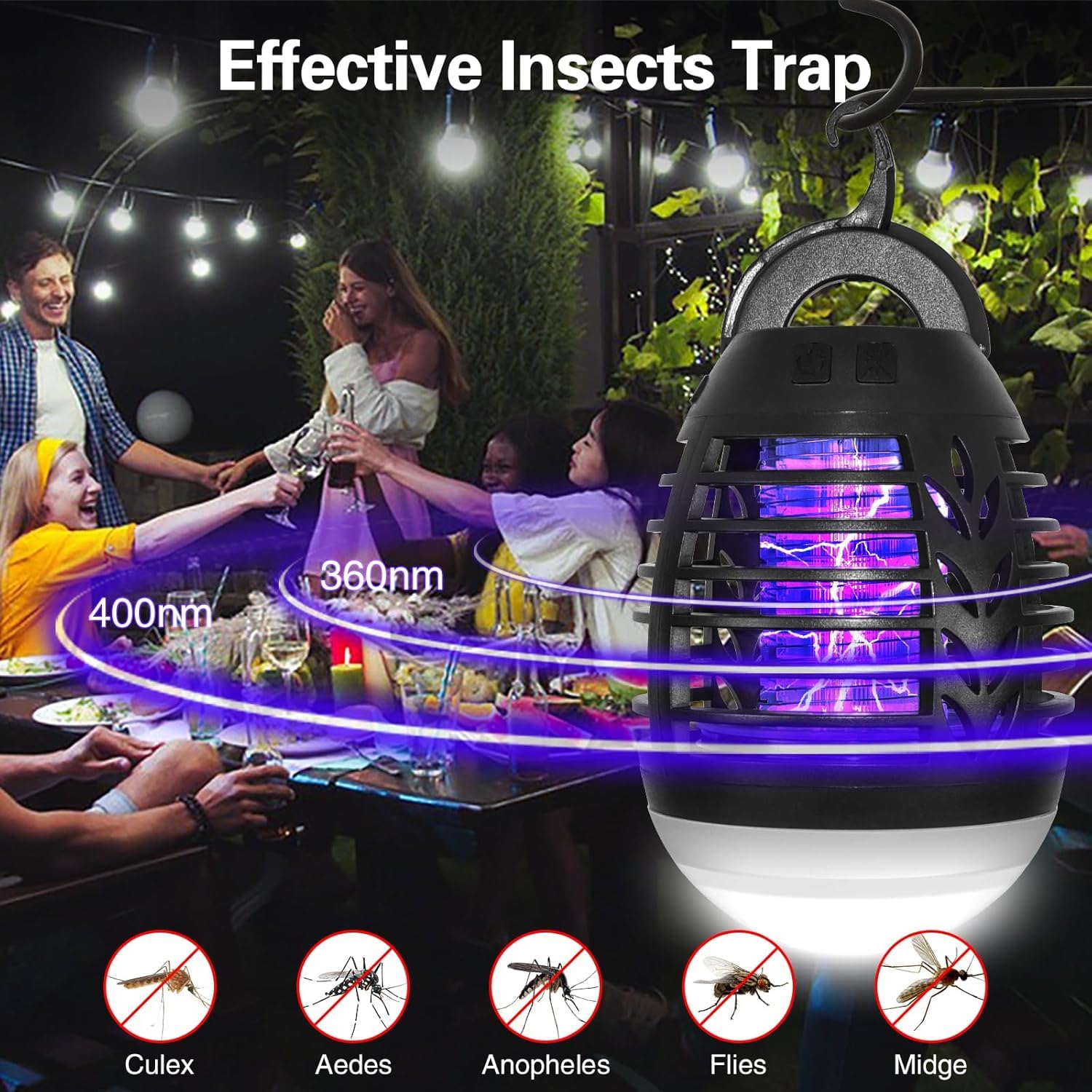 MOSSNADR Insektenvernichter Elektrisch Mückenlampe,UV Fliegenfalle,USB Aufladbar Mückenschutz mit Aufhängehaken,IPX6 Wasserdicht Mückenfalle Insektenfänger,Mückenlampe Camping für Garten Innen Außen 3