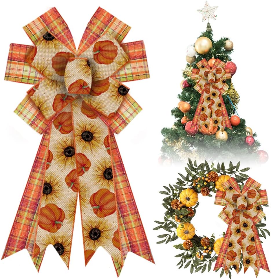 Bows & Ribbons - Estivaux Large Fall Bows for Wreath, Thanksgiving Pumpkin Wreath Bows Natural Burlap Bows Orange Buffalo Plaid Bows Autumn Flowers Tree Topper Bows for Front Door Fall Thanksgiving Day Decorations