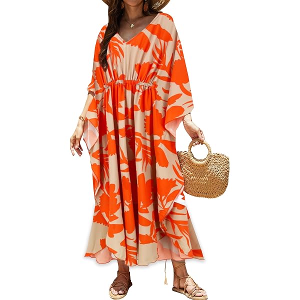 Bimba Women's Rayon Long Kaftan Dress With Pom Pom Trim - Boho Maxi Coverup, Beach Dress, Designer Chic