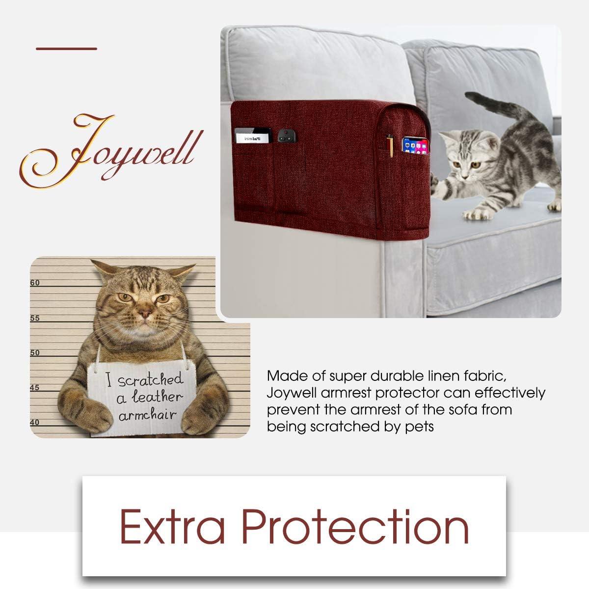Joywell Linen Armrest Covers for Living Room Anti-Slip Sofa Arm Protector for Dogs, Cats, Pets Armchair Slipcover for Recliner with 4 Pockets for TV Remote Control, Phone, Set of 1, Burgundy: Kitchen & Dining