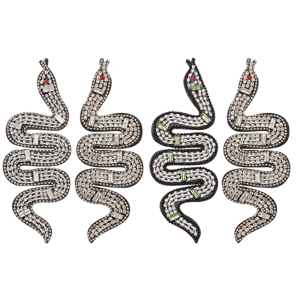 BEUNITONE 4pcs Rhinestones Snake Patch White Handmade Crystal Snake Applique Sew on Beaded Crystal Badge Snake Fabric Embroidery Patches for Clothes Bag Pants Shoes Hats DIY Projects