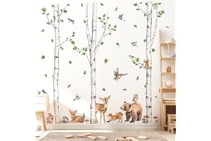 wondever Large Birch Tree Animals Wall Decals Forest Bear Deer Fox Owl Peel and Stick Wall Stickers for Nursery Kids Bedroom 
