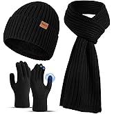 floconssy Men's Scarf Hats Gloves Sets Winter Gifts, 3 PCS Fleece Lined Beanie Warm Long Scarves for Cold Weather Christmas