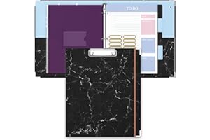 ZAXMEY 3 Ring Binder, 1 Inches Round Ring Binder with Clipboard, Dividers Tabs, PVC Zipper Bag Sleeves & to Do List Planners, Decorative Binder for Women, Men, School, Office Supplies, Black Marble