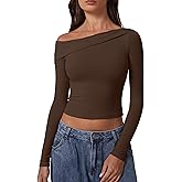 QINSEN Women Long Sleeve Off Shoulder Tops Trendy Double Lined Going Out Shirt for Fall