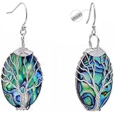 Sterling Silver Earrings Hooks Oval Abalone Shell Wrapped Tree of Life Earrings for Women, White Gold Tone