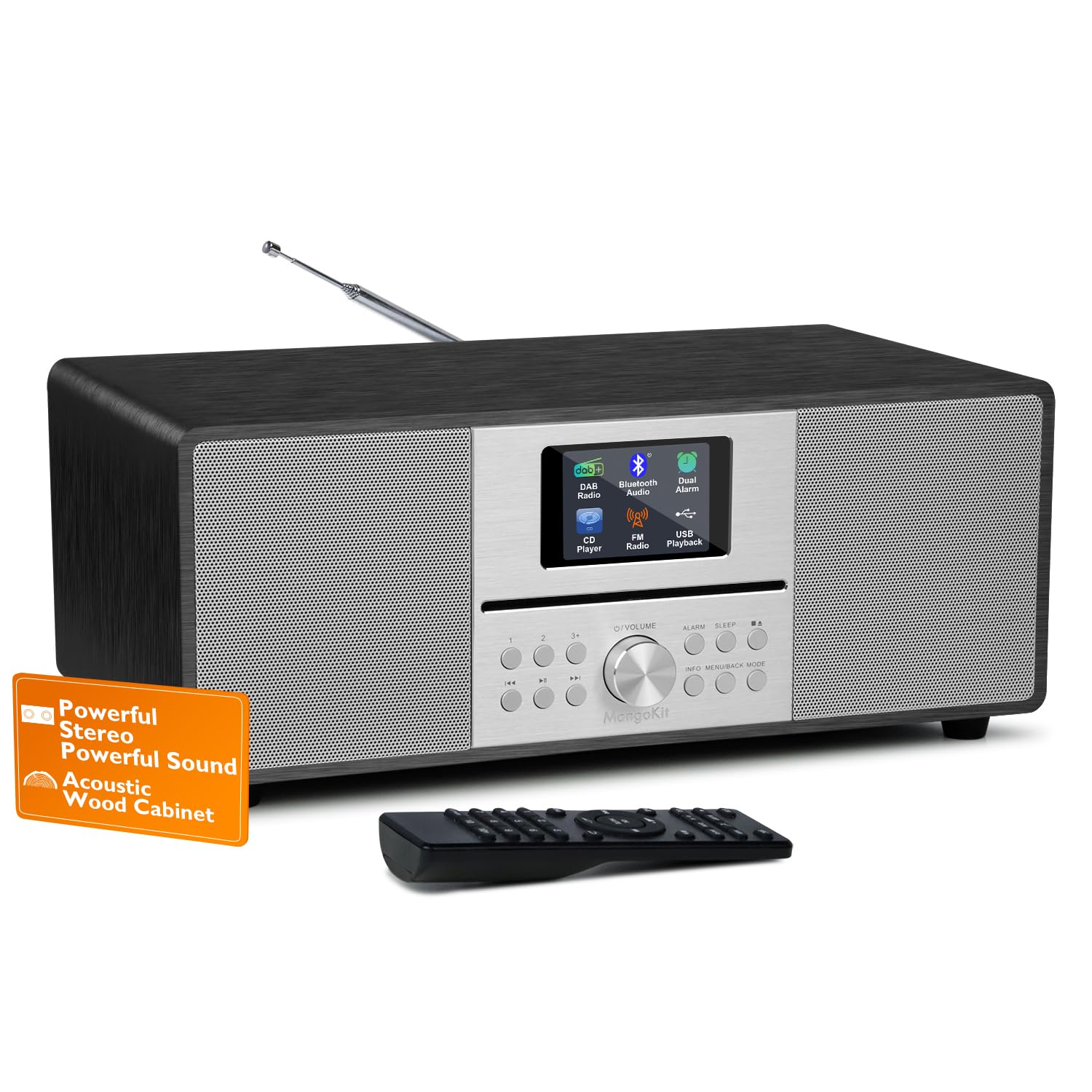 MangoKit MS4 CD Player DAB Radio Hifi System I Bluetooth I Powerful Stereo System I Digital Radio DAB+I Acoustic Wood Cabinet ICD Player With Speakers I40 Presets, Headphone Jack I Metallic Black