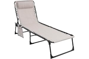 MUPATER 4-Fold Patio Chaise Lounge Chair for Outdoor with Detachable Pocket and Pillow, Portable Sun Lounger Recliner for Beach, Camping and Pool, Cream White