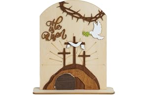 HYPERLAMA He Is Risen Decor Wooden, Easter Resurrection Scene Empty Tomb, Christian Table Decorations Indoor, Catholic Cross Jesus Religious Easter Gifts Decor For Tiered Tray, Home, Church, Office, Shelf, Desk