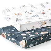 GRSSDER Stretch Ultra Soft Jersey Knit Changing Pad Cover Set 2 Pack, Change Table Pad Covers Fit 32"/34" x 16" Pads Safe and Snug, Space Print for Boys and Girls