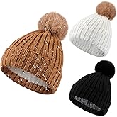 Silicherry 3 Pcs Waterproof Women Winter Pompom Beanie Hat Fleece Lined Warm Hat Thermal Waterproof Windproof Knit Skull Cap Beanie for Women Skiing Cold Weather