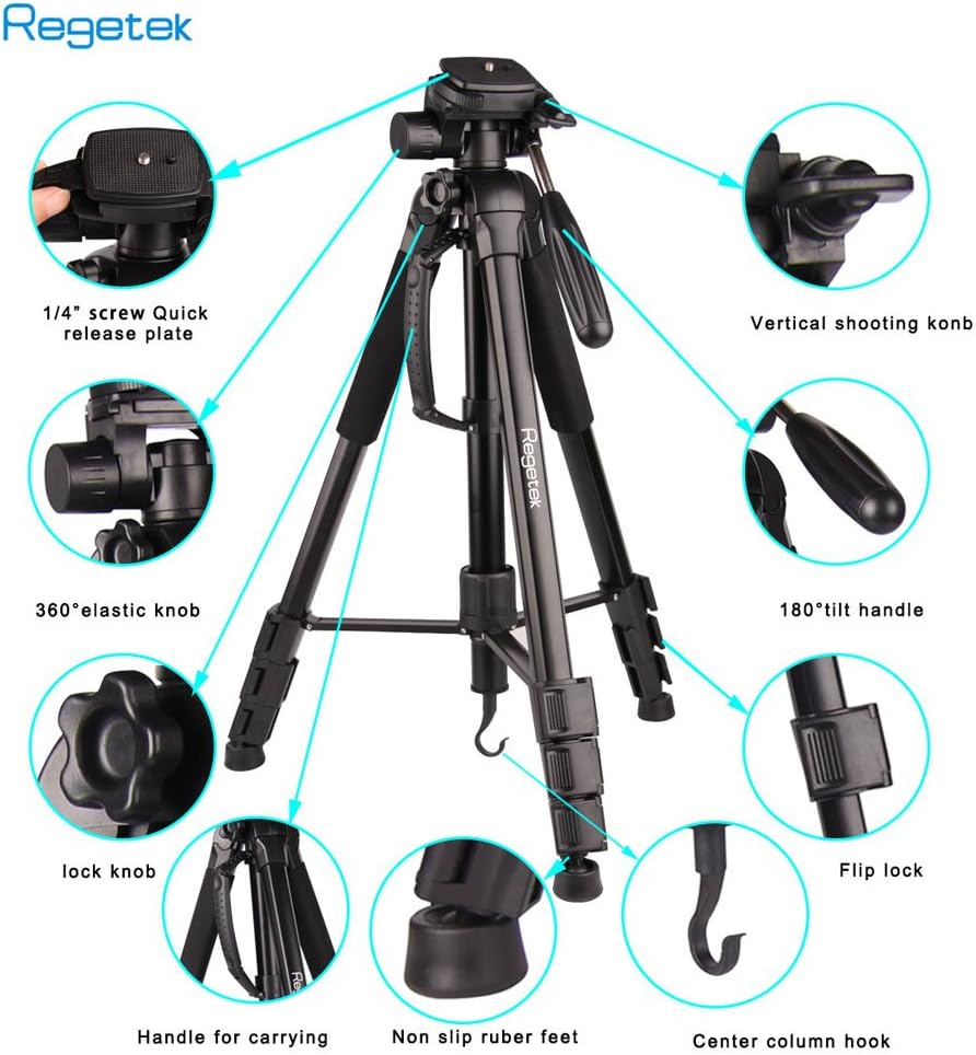 Regetek Camera Tripod Travel Monopod (70" Aluminum Professional Video Camera Mount Leg) Adjustable Stand with Flexible Head for Canon Nikon Dv DSLR Camcorder Gopro Cam& Carry Bag & Cellphone Mount