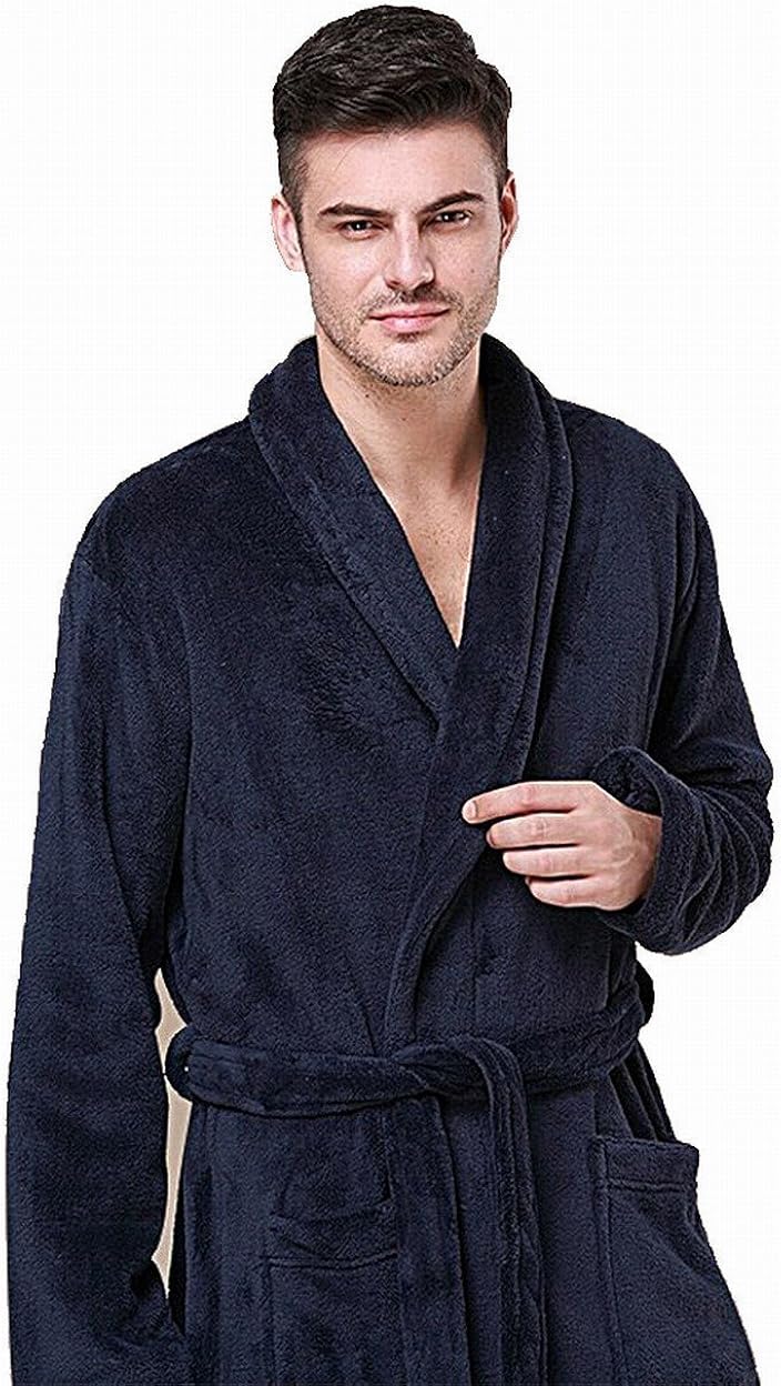 FashionRun Mens Warm Fleece Robe Shawl Collar Bathrobe Navy Blue Medium