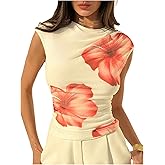 BEAUDRM Women's Floral Print Mesh Top Fitted Cap Sleeve Casual Tees Mock Neck Ruched Summer Tops