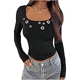 MakeMeChic Women's Square Neck T Shirt Grommet Eyelet Long Sleeve Fitted Punk Y2k Going Out Crop Tops