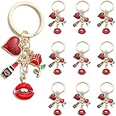 PHAETON 10PCS Romantic Love Theme Keychain with Red Glitter Heart, Rose, Lipstick and Lips Charms, Handbag Pedant for Women