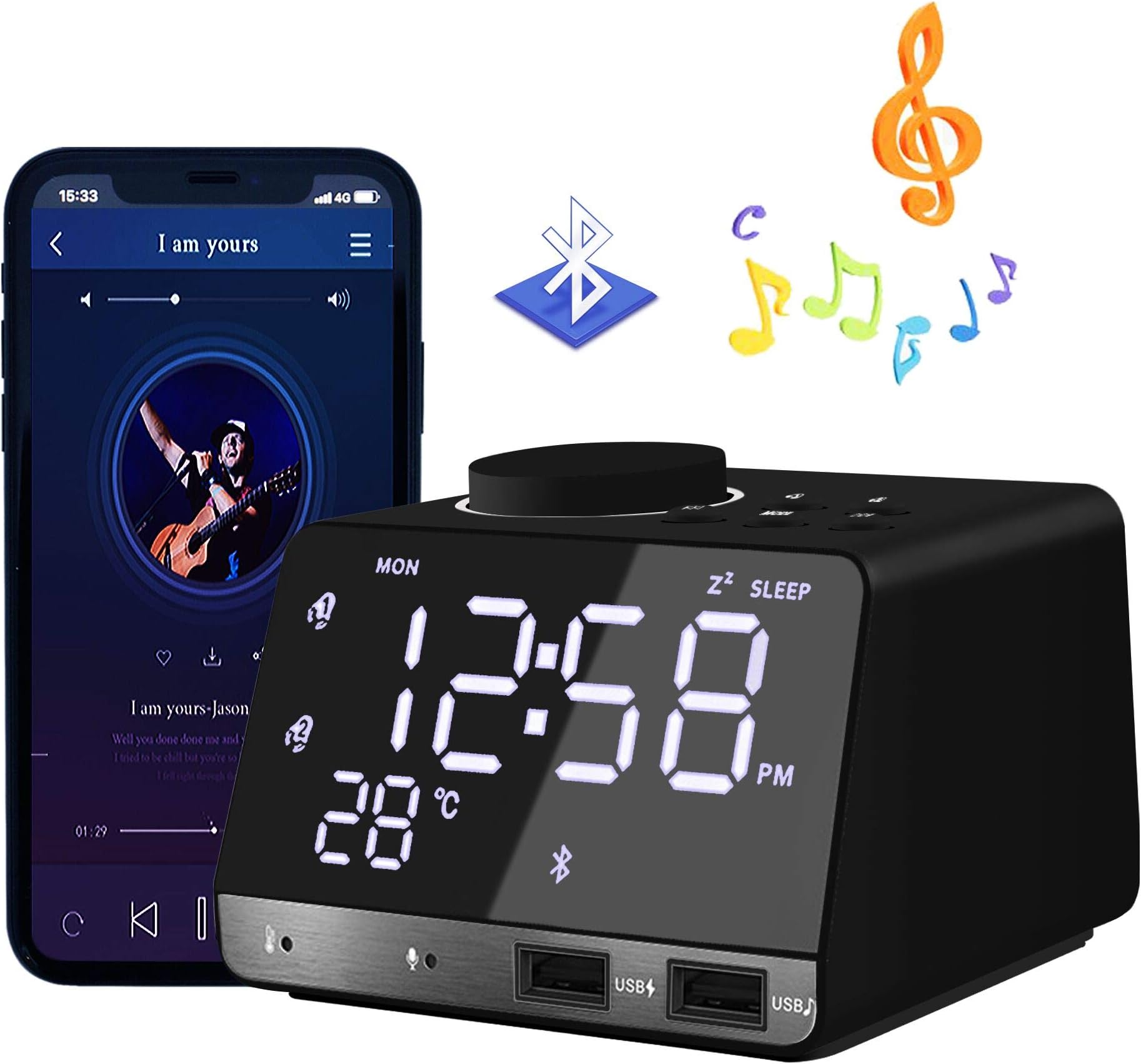 HQQNUO Bluetooth Alarm Clock, FM Radio Clock Free Calling Bluetooth Speaker Clock Snooze Mirror Clock with UK Plug Alarm Clock 2 USB Port Convenient for Phone/IPad Charging(Phone is not include)