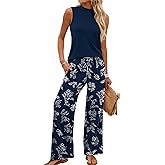 WIHOLL Two Piece Set for Women Summer Spring Outfits Cruise Travel Airport Beach Vacation Mock Neck Wide Leg Pants Set