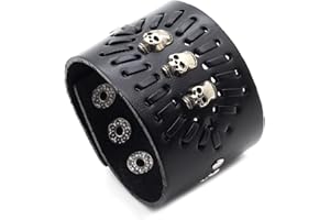 Edgda Punk Rock Alloy Three Skull Head Braided Wide Pu Leather Cuff Bracelet