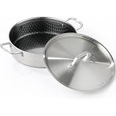 DELARLO Tri-Ply Stainless Steel Ceramic Non Stick Braiser Pan 8 Quart | Deep Frying Pan with Lid Large Saute Pan Jumbo Cooker Induction Compatible Heavy Duty and Oven Safe