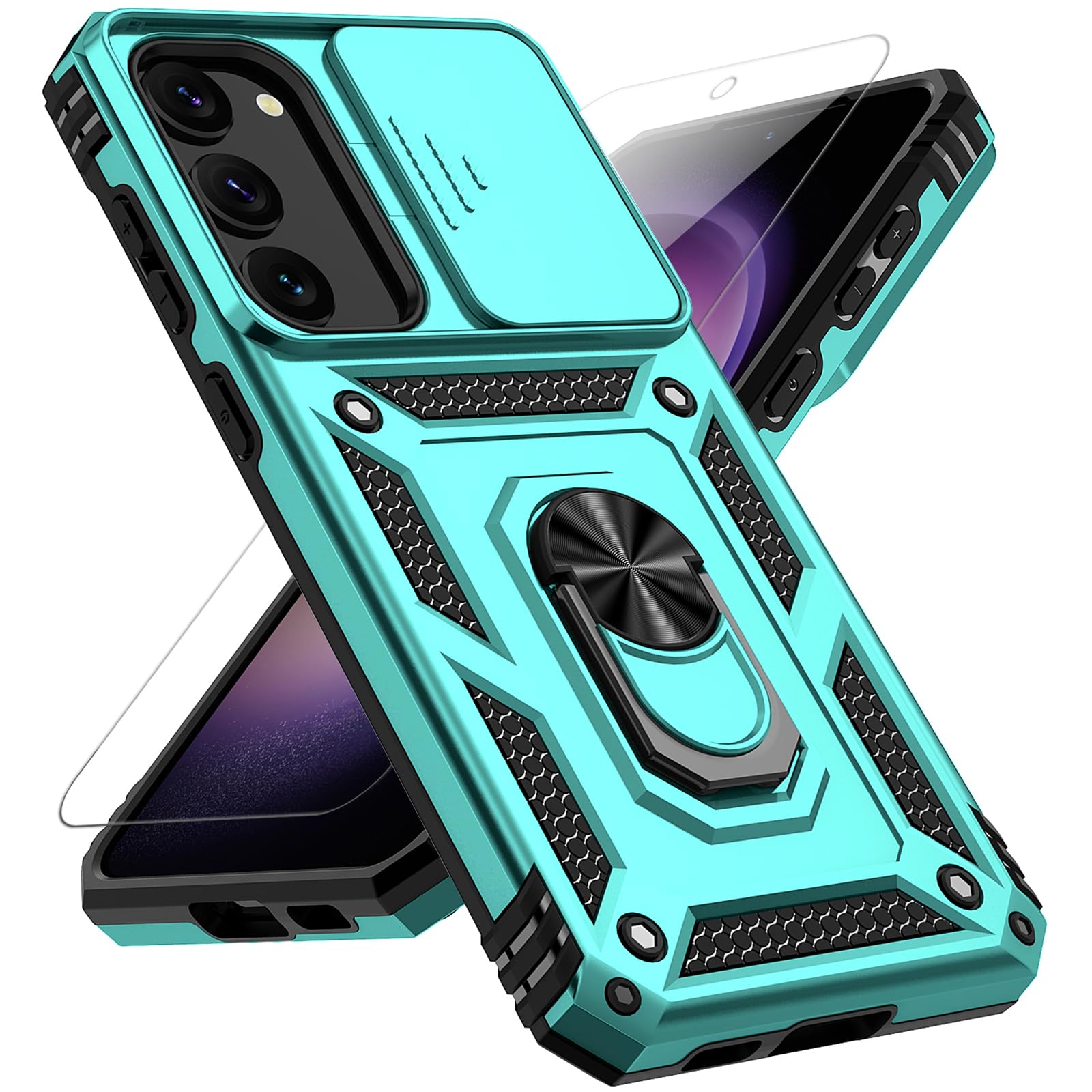 for Samsung Galaxy S23 Plus Case, with Slide Camera Cover HD Screen Protector 360° Rotable Ring Holder Kickstand Military Grade Protection 15ft Drop Tested Protective Phone Case for S23+ Plus (Mint)