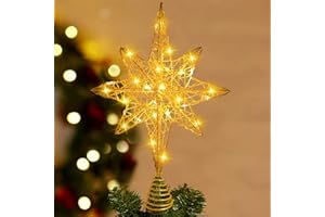 DULEFUN Christmas Tree Topper Lighted 13.5” Gold Star Tree Toppers with 20 LED Lights Christmas Tree Top Ornament for New Year Holiday Home Office Indoor Decorations