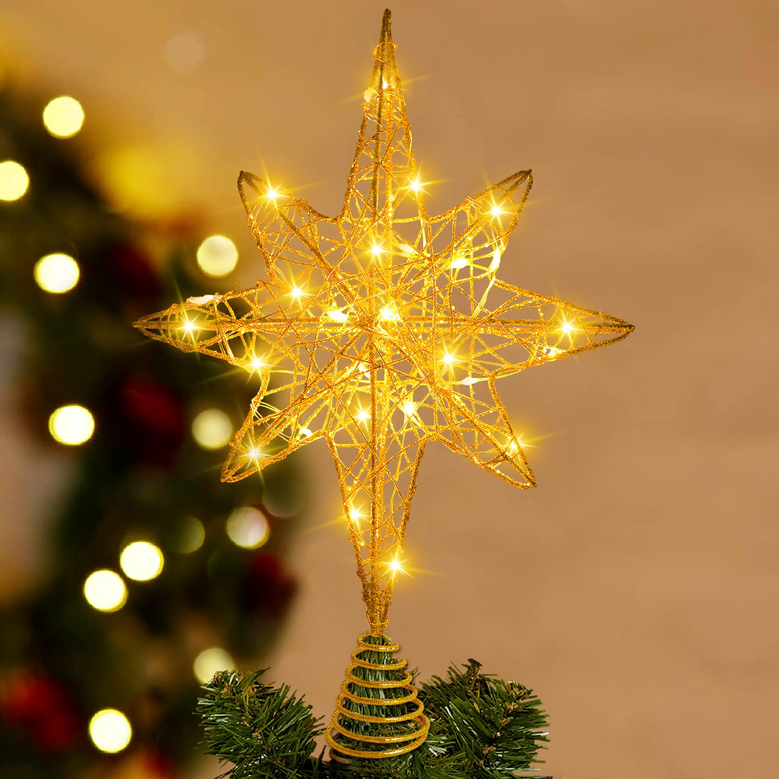Photo 1 of DULEFUN Christmas Tree Topper Lighted 13.5” Gold Star Tree Toppers with 20 LED Lights Christmas Tree Top Ornament for New Year Holiday Home Office Indoor Decorations
