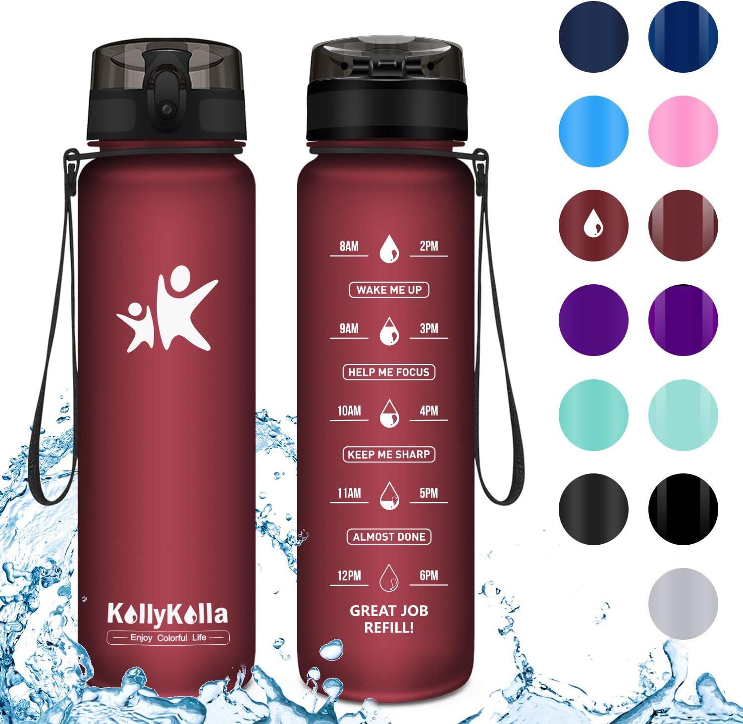KollyKolla Sports Water Bottle - 350/500/800ml/1L/1.5L, BPA Free Tritan Plastic Eco-Friendly Drink Bottles with Filter & Time Marker, One Click Flip Lid, for Kids, School, Gym, Hiking, Bicycle, Yoga