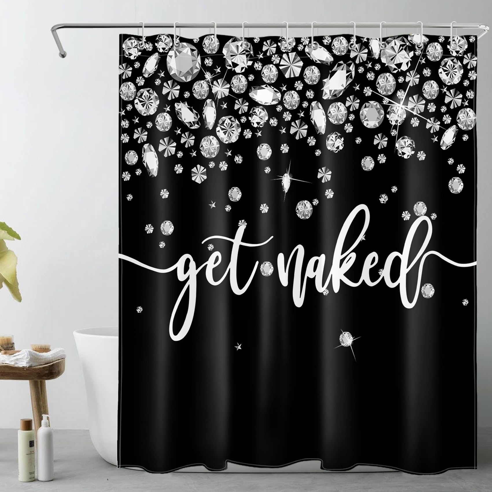 LB Get Naked Black and White Shower Curtain Bling Luxury Silver Jewelry Bath Curtain Funny Words Polyester Anti Mould Waterproof Small Bathroom Curtains with Hooks,59x71 inches