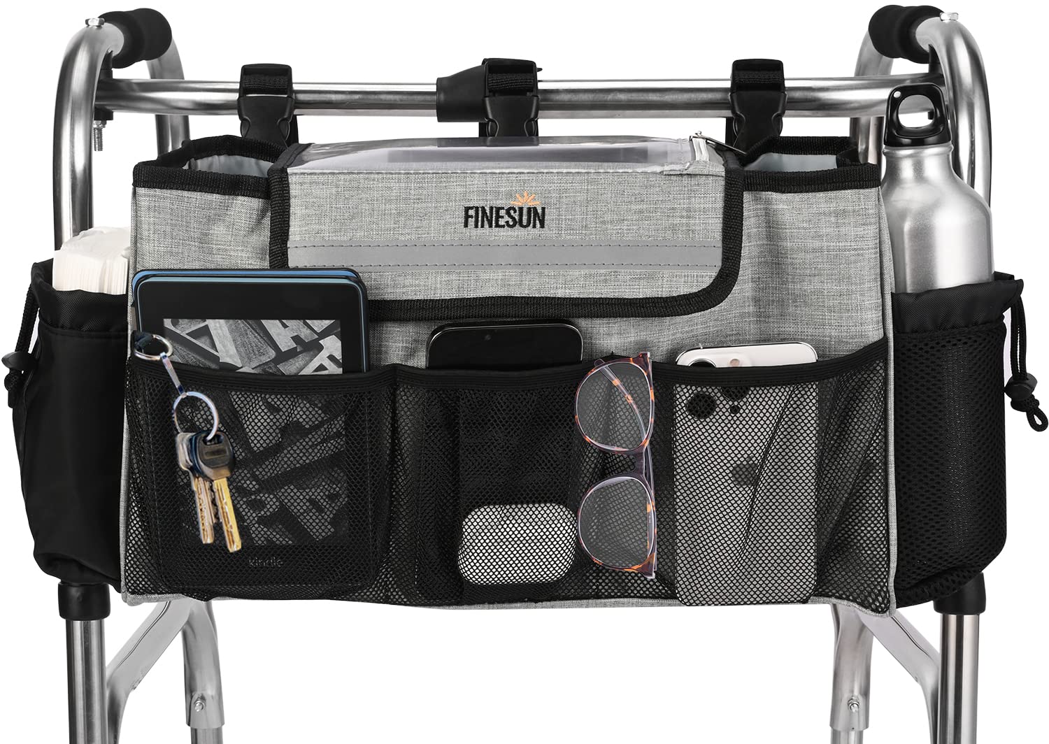 FINESUN Walker Basket Folding Walker Accessories Bag Hand Free Storage Walker Bag Rollator Walker Accessories Walker Bags and Pouches with Cup Holder Walker Baskets for Seniors Gray
