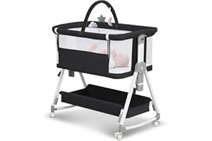 MEICHYUN Baby Bassinet,3 in 1 Bedside Bassinet for Baby with Hanging Toys, Portable Foldable Bassinets Bedside Sleeper,4-Sided Mesh Bedside Crib with Wheels and Storage Basket,6 Height Adjustable (Black)