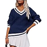 InterNos Women's Casual V Neck Long Sleeve Sweater Trendy Striped Pullover Cable Knit Preppy Sweaters